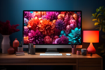 colourful wall and mockup of IMac on desk with computer	 - obrazy, fototapety, plakaty