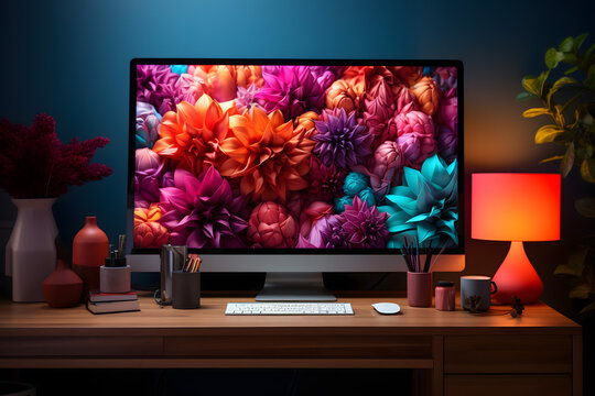 colourful wall and mockup of IMac on desk with computer	