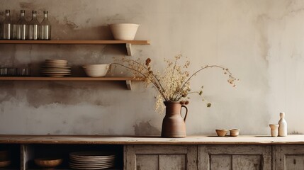 Generative AI, kitchen interior, minimalistic japanese wabi sabi style, muted natural neutral colors