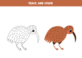 Trace and color cartoon kiwi bird. Worksheet for children.