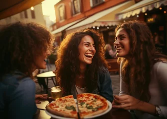 Fotobehang Beautiful women girlfriends in pizzeria © cherezoff