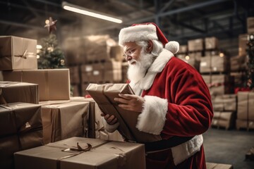 Obraz na płótnie Canvas Christmas gift delivery santa clause in warehouse
