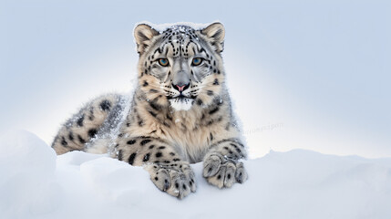 Photograph Snow leopard sitting white snowy backdrop