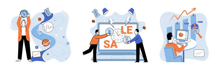 Promotion discount sale. Vector illustration. Forecast of future sales, soothsayer of business forecasting Flash sale online, windfall in regular pace of e-commerce Sales index, pulse-check