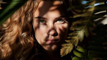 Close up of natural, fresh, no mke up, flawless, healthy skin complection of a young woman, 20s, red hair, freckles, green eyes. Gentle shadows of the face. Natural cosmetics and skin care concept. 