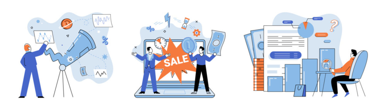 Promotion discount sale. Vector illustration. Sales index, compass that points towards market trends Forecast of future sales, time machine projecting potential earnings Flash sale online, sprint