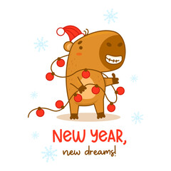 Cool Christmas cute capybara in Santa hat with New Years garland and congratulations. Vector illustration. Funny winter festive animal character rodent for cards, design, print, kids collection.