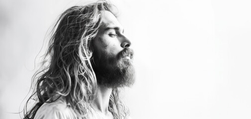 Portrait of Jesus captured in an emotive and serene moment. Christian illustration.