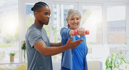 Elderly woman, dumbbells and rehabilitation therapist for exercise in a nursing home. Happy senior patient with physiotherapist man or nurse for healing, health and physiotherapy for muscle and body - obrazy, fototapety, plakaty