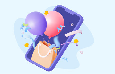 Online bonus loyalty, reward program, gift distribution or birthday, new year celebration. Balloons with confetti.  Smartphone mobile screen, technology mobile display light. 3d vector illustration. 
