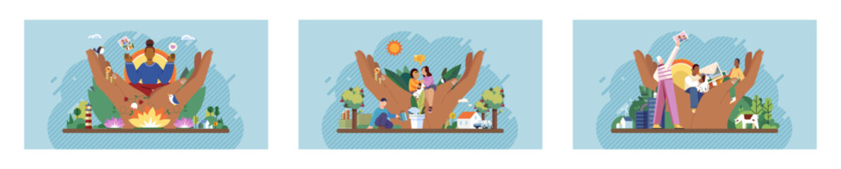 Wellbeing metaphor. Vector illustration. Support insurance, umbrellthat shields against professional rainy days Employee wellbeing, gauge of companys commitment to its workforce Humcare, binding