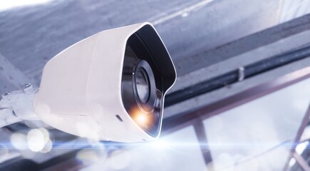 Close up the  CCTV camera install  to workshop factory  for security and monitoring work employe,...