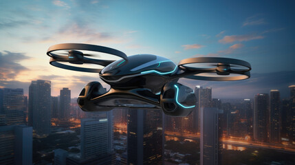 Uturistic manned roto passenger drone flying in the sky over modern city for future air...