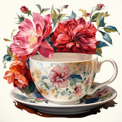 Fototapeta na wymiar Watercolor teacup with flowers Illustration, Generative Ai