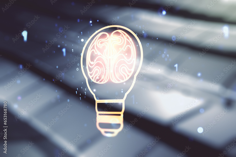 Poster abstract virtual creative light bulb with human brain hologram on shiny metal background, artificial