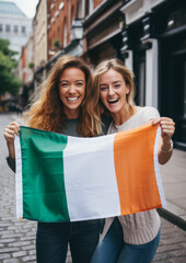 Fototapeta premium Two irish cheerful woman friends holding a Ireland flag on dublin city street
