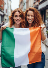 Two irish cheerful woman friends holding a Ireland flag on dublin city street