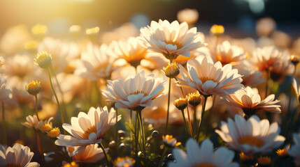 Flower field in sunlight, spring or summer garden background in closeup macro view or flowers meadow field in morning light - obrazy, fototapety, plakaty