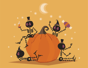Skeletons with Halloween pumkin background.Design for Halloween party greeting card.Vector illustrations. - 653168759