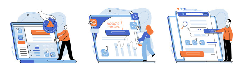 Application testing metaphor. Vector illustration. Application testing, quality assurance step in software lifecycle App test, proving ground where apps robustness is checked Software testing