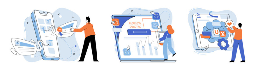 Application testing metaphor. Vector illustration. Software testing, final frontier before code goes live Application testing, diagnostic procedure for softwares health App test, rehearsal stage