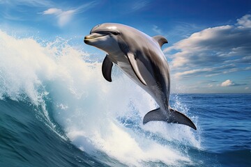 Fototapeta premium Dolphin jumping out of the sea. 3D rendered illustration Dolphins jumping out of the ocean waves against blue sky background, AI Generated