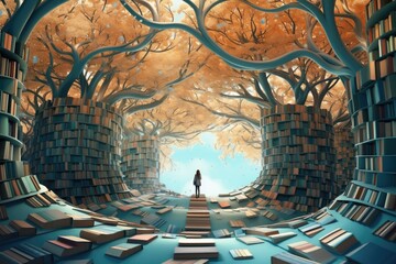 Woman standing in the middle of a maze of books and trees, Embark on a spicy ramen adventure with a...