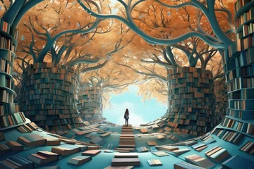 Deurstickers Woman standing in the middle of a maze of books and trees, Embark on a spicy ramen adventure with a steaming bowl of noodles, vibrant toppings, and tantalizing chili oil, AI Generated © Ifti Digital