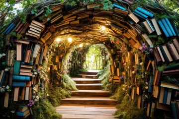 Fairy tale tunnel of books in the forest. Halloween concept, Embark on a spicy ramen adventure with...