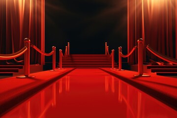 Red carpet with red carpet illuminated by spotlights. 3D rendering, empty Red carpet, AI Generated