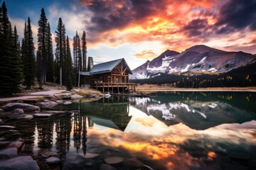 Sunset at Lake Louise, Banff National Park, Alberta, Canada, Emerald Lake In Crested Butte, Colorado, AI Generated - obrazy, fototapety, plakaty