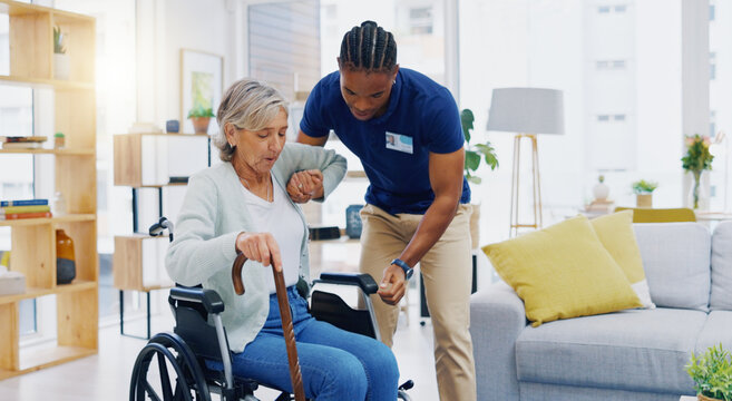 Help, home care and a woman with a caregiver and a wheelchair for disability, support and consulting. Happy, talking and a black man or male nurse helping a senior patient into a chair for nursing