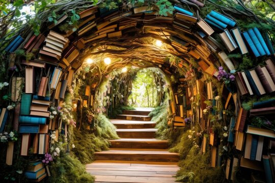 Fototapeta Fairy tale tunnel of books in the forest. Halloween concept, Embark on a spicy ramen adventure with a steaming bowl of noodles, vibrant toppings, and tantalizing chili oil, AI Generated