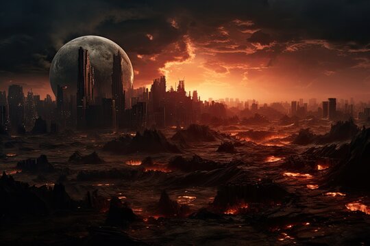 Fantasy landscape with planet and city. Elements of this image furnished by NASA, Encounter the Masked Flame Guardian, a fearless warrior wielding a blazing sword, standing against the, AI Generated