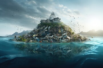 Conceptual environmental disaster with a huge pile of garbage on a tropical island, Environmental disaster concept. Plastic Island or Great Pacific Garbage Patch or Pacific Trash Vortex, AI Generated - obrazy, fototapety, plakaty