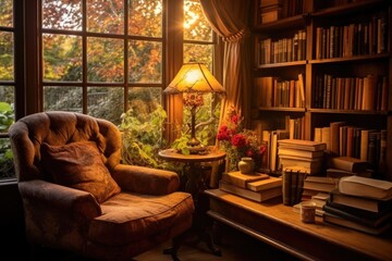 Interior of an old library with bookshelves and armchair, Escape to a bookworm's paradise with a cozy reading corner, complete with an armchair, a table piled with books, and a, AI Generated