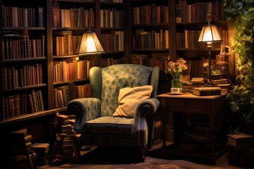 Comfortable armchair and bookshelf in a dark library, Escape to a bookworm's paradise with a cozy reading corner, complete with an armchair, a table piled with books, and a warm, AI Generated