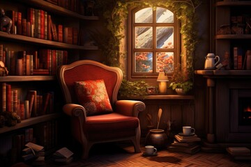 Fototapeta na wymiar Interior of a room with an armchair and bookshelf, Escape to a bookworm's paradise with a cozy reading corner, complete with an armchair, a table piled with books, and a warm cup of tea, AI Generated