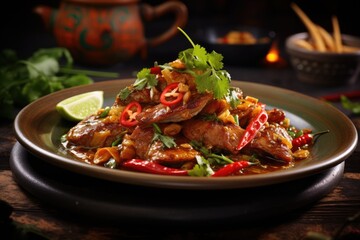 Stir-fried chicken with cashew nuts and cilantro, Experience the thrilling fusion of global flavors with a spicy dish combining Thai and Mexican culinary traditions, AI Generated