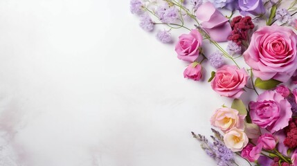 with pink roses and lilac flowers on white copy space background

