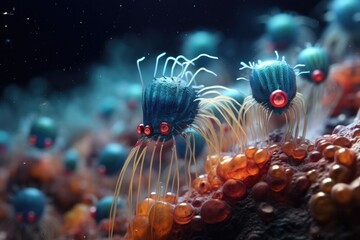 3D illustration of a group of microorganisms in a marine environment, Explore the beauty of the microscopic world with stunning images, AI Generated - obrazy, fototapety, plakaty