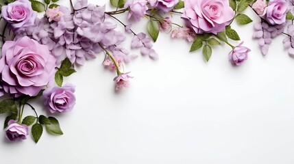 with pink roses and lilac flowers on white copy space background
