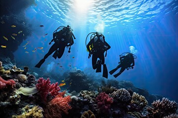 Silhouettes of scuba divers swimming over a coral reef, Extreme divers in the coral reef, rear view, no visible faces, AI Generated - obrazy, fototapety, plakaty