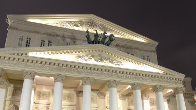Captivating Night Scene: State Academic Bolshoi Theatre Opera and Ballet Winter Timelapse Hyperlapse in Moscow, Russia