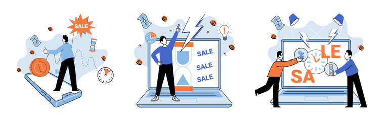 Promotion discount sale. Vector illustration. Forecast of future sales, financial compass guiding business strategies Flash sale online, unpredicted storm in quiet seof online shopping Sales index,