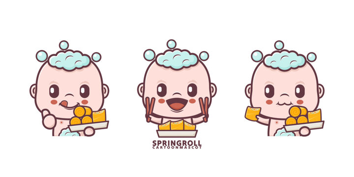 cute baby cartoon with spring roll. set cartoon vector with different expressions