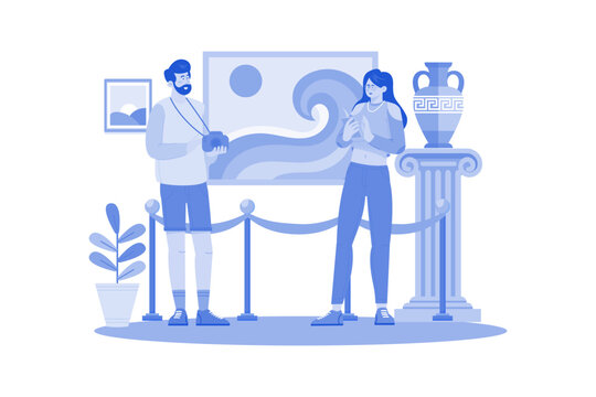 A couple spends the day attending art exhibitions or theater performances.