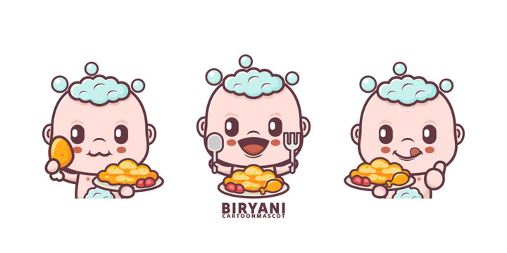 cute baby cartoon with biryani. set cartoon vector with different expressions