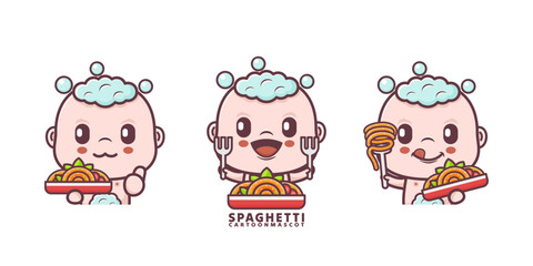 cute baby cartoon with spaghetti. set cartoon vector with different expressions