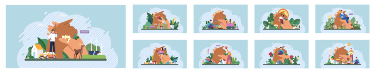 Fototapeta premium Wellbeing metaphor. Vector illustration. Human care, essence of nurturing work environment Wellbeing at work, seed that blossoms into increased productivity Support professional growth, wind beneath